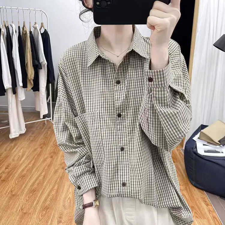 文艺小清新韩范通勤小格子长袖衬衫女春秋新款减龄纯棉POLO领上衣