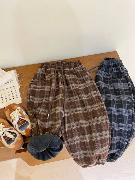 【W董】2025韩版格子加绒灯笼裤百搭洋气男女童通穿休闲裤