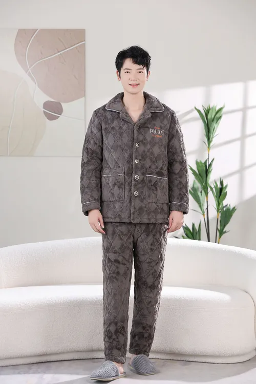 冬季男士三层夹棉加厚特厚蛋糕绒家居服睡衣保暖防寒