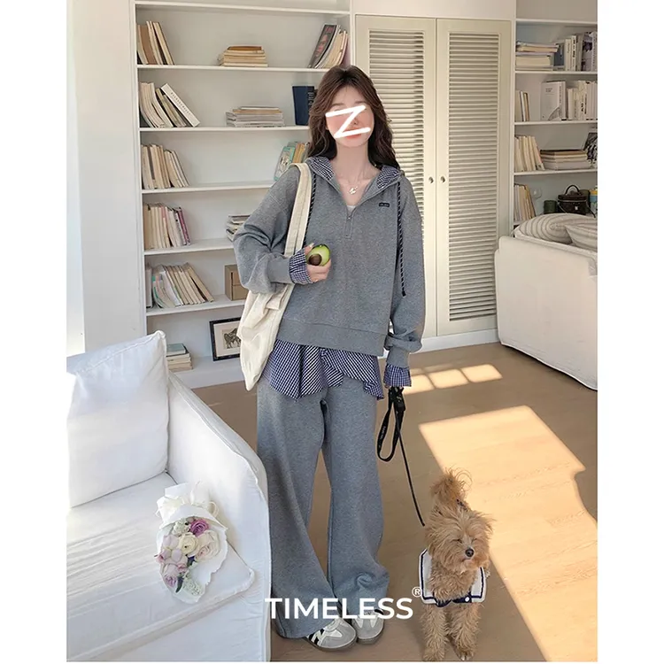 TIMELESS·宽松休闲假两件连帽卫衣套装女灰色百搭秋季减龄两件套
