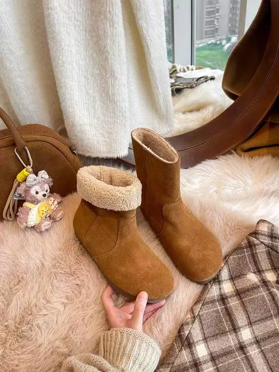 真皮复古磨砂皮短靴女秋冬2025新款软底翻毛皮勃肯两穿平底马丁靴