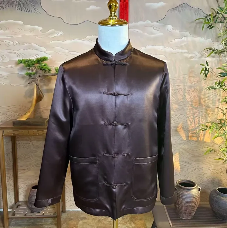 2025新款 香云纱重锻 咖色男式长袖新中式男装上衣立领复古中国风