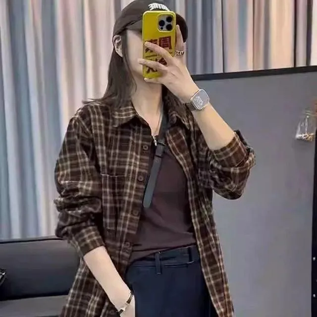 美式复古长袖格子衬衫气质新款时尚慵懒风设计感小众上衣女衬衣