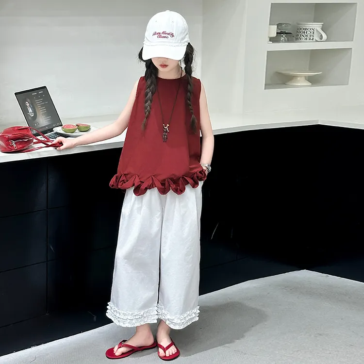 女童夏季套装2025新款大童洋气时髦花瓣背心夏款休闲阔腿裤两件套