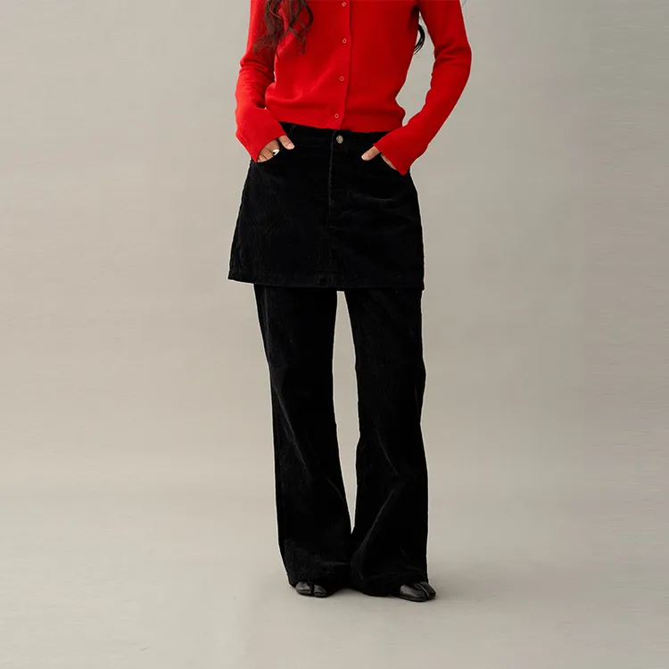 The enes boutique复古水灯芯绒假两件微喇裙裤女小众时髦长裤