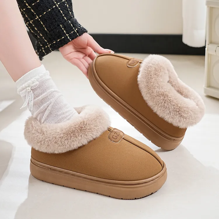 冬季新款女款小熊毛绒防滑保暖厚底增高室内家居外穿两用棉拖鞋