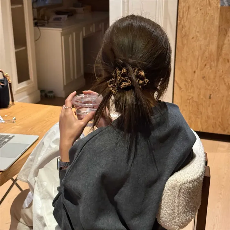 韩系博主同款豹纹布艺大肠发圈女高级感扎发头绳马尾丸子头发饰新