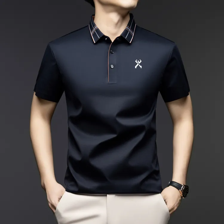 劲霸世家桑蚕丝轻奢男士翻领polo衫全无痕舒适百搭短袖刺绣T恤衫