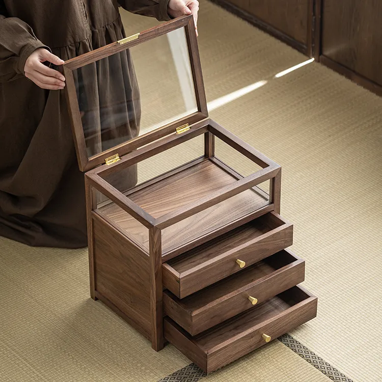 实木桌面防尘玻璃展示柜文玩储物柜茶具收纳茶叶柜置物架大容量