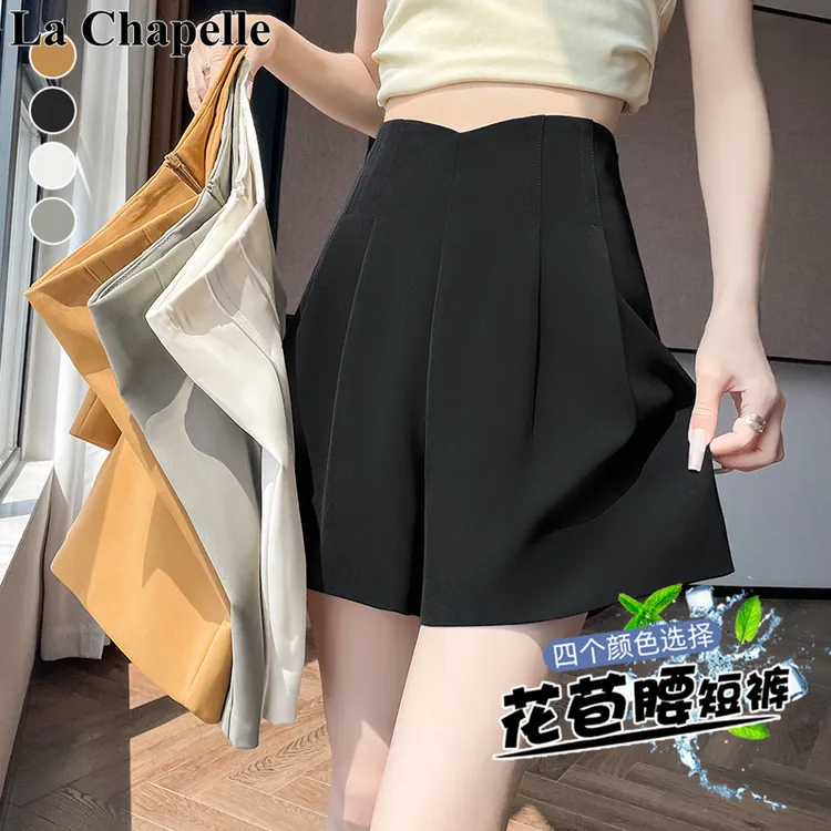 拉夏贝尔黑色冰丝西装短裤女夏季高腰a字花苞裙裤休闲阔腿五分裤