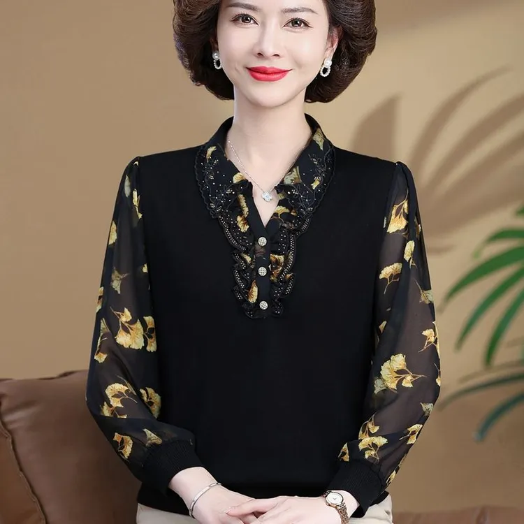 妈妈薄款纱袖针织翻领恤小衫中老年女装打底春秋洋气长袖上衣