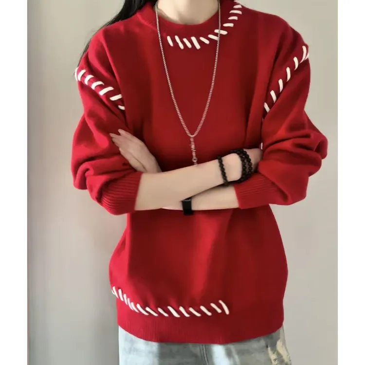 美式潮流拼接设计高级感圆领毛衣男秋冬季新款痞帅宽松百搭针织衫