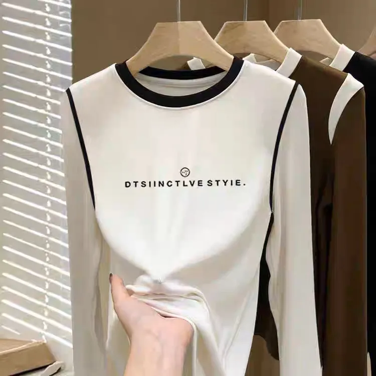 春秋冬季高级感设计肩线拼色德绒白色长袖t恤女时尚百搭加厚保暖