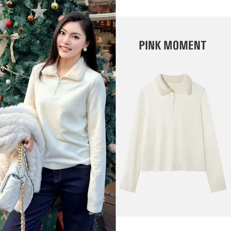 PM王囡囡 米白色半拉链拼毛毛翻领加绒长袖上衣 ND1D2208