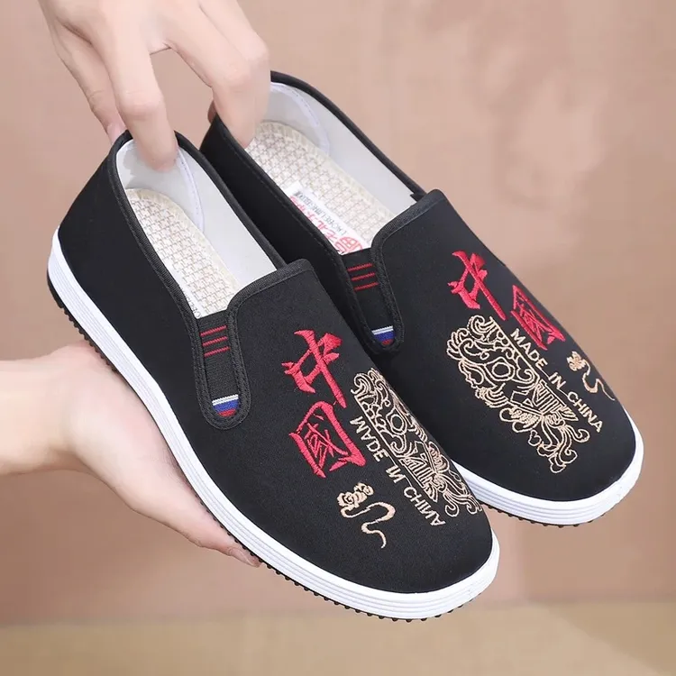 北京艾草布鞋男新款春秋款国风绣花一脚蹬