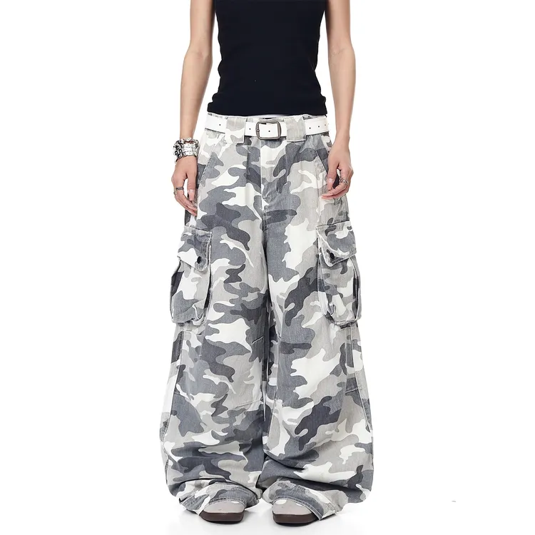 高街美式复古多口袋灰白迷彩工装裤男女阔腿裤宽松直筒微喇牛仔裤