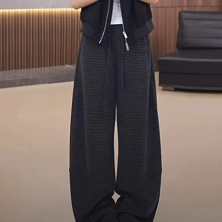 2025早秋新款洋气百搭条纹阔腿裤女慵懒垂感休闲裤宽松拖地长裤子