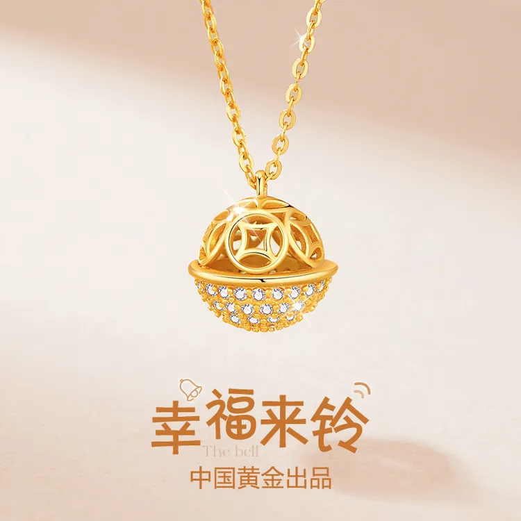  中国黄金珍·尚银 幸福来铃项链女款金色吊坠S925生日礼物送老婆