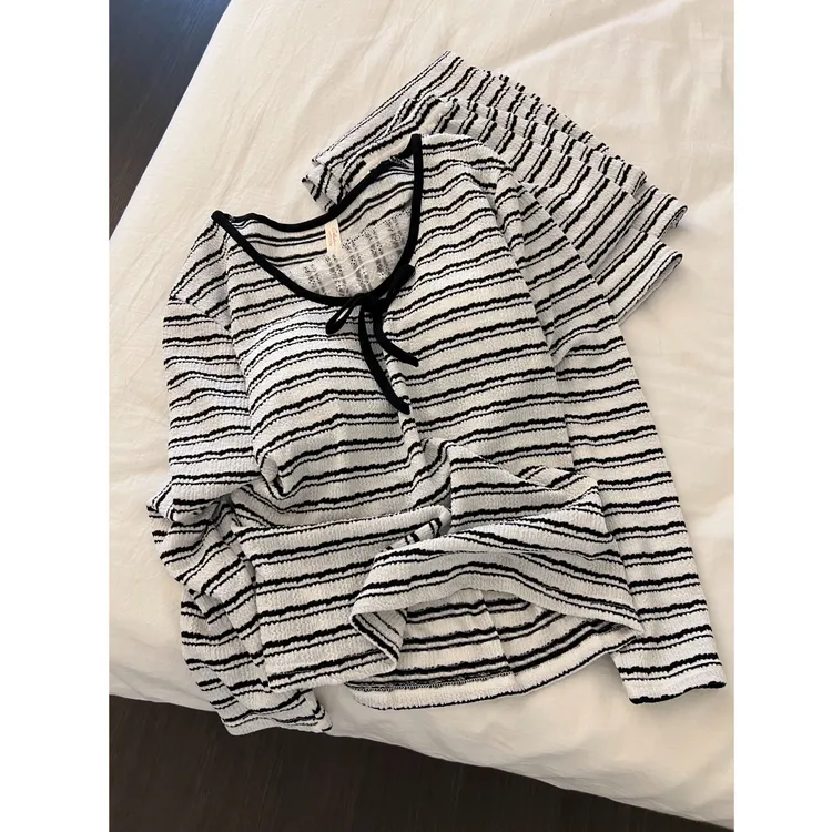 韩系蕾丝条纹蝴蝶结莫代尔睡衣女春秋新款长袖长裤居家套装可外穿