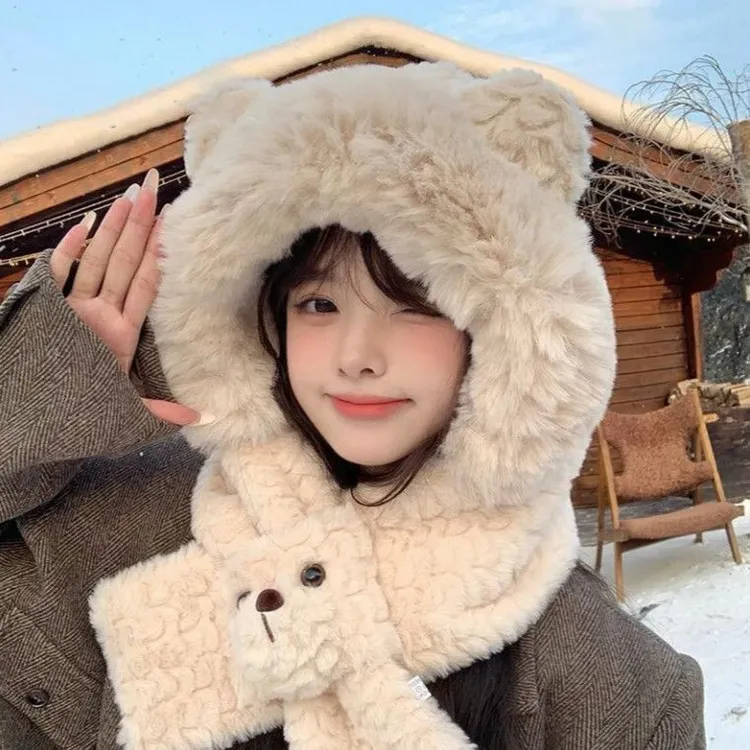【皮卡】韩系可爱百搭小熊围巾一体秋冬季新款防风加厚保暖雷锋帽