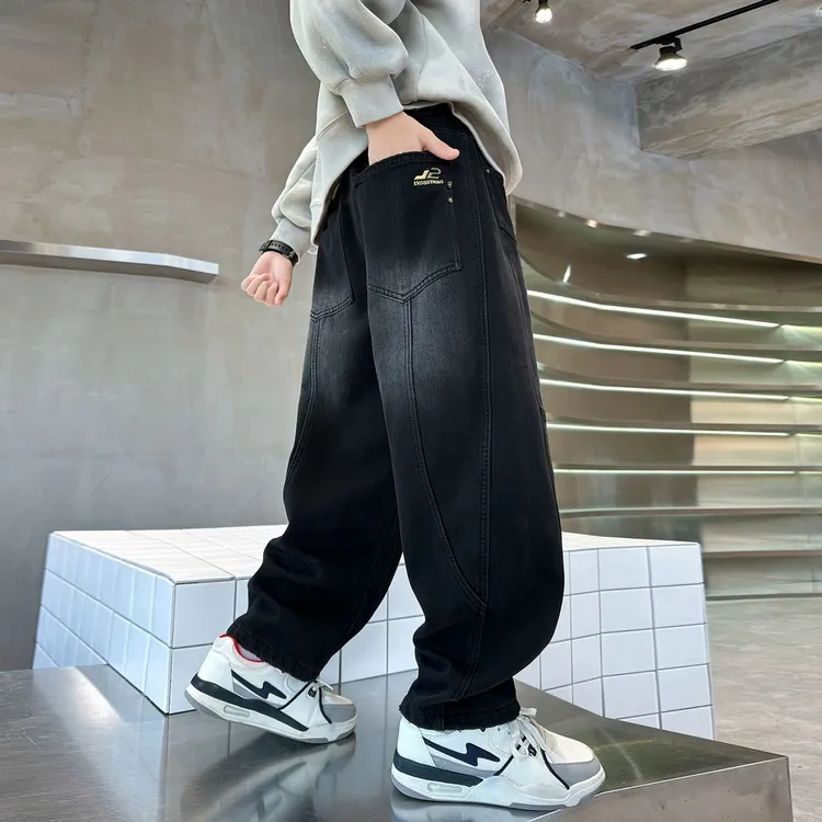 男童加绒牛仔裤男孩秋冬新款中大童加厚宽松直筒裤冬季洋气休闲裤