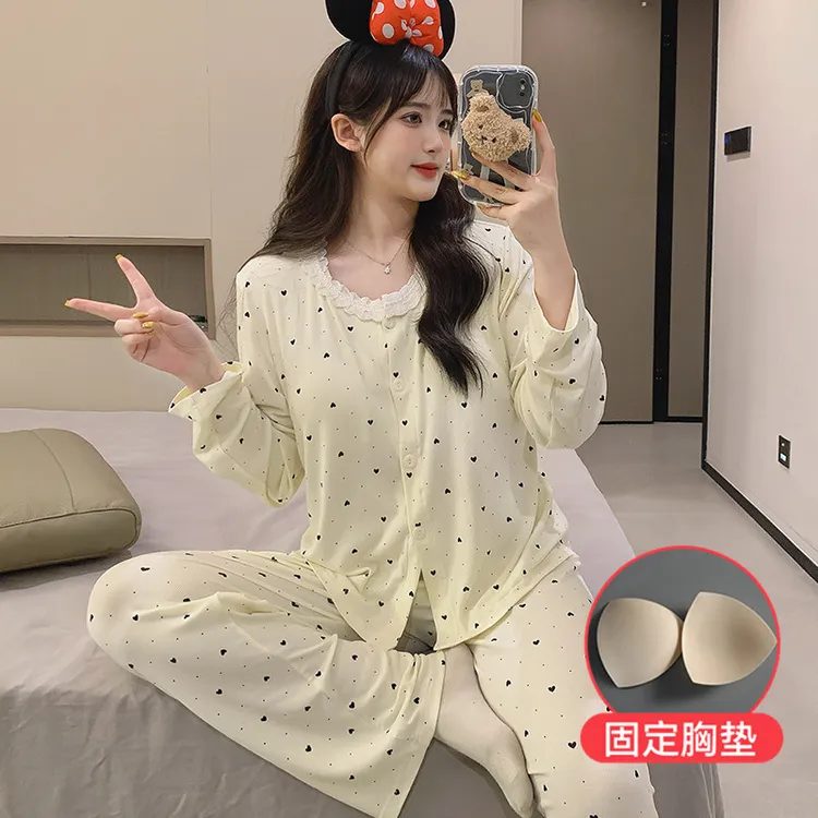 夏季莫代尔睡衣女套装外吸汗透气棉新款带胸垫女士家居服春夏薄款