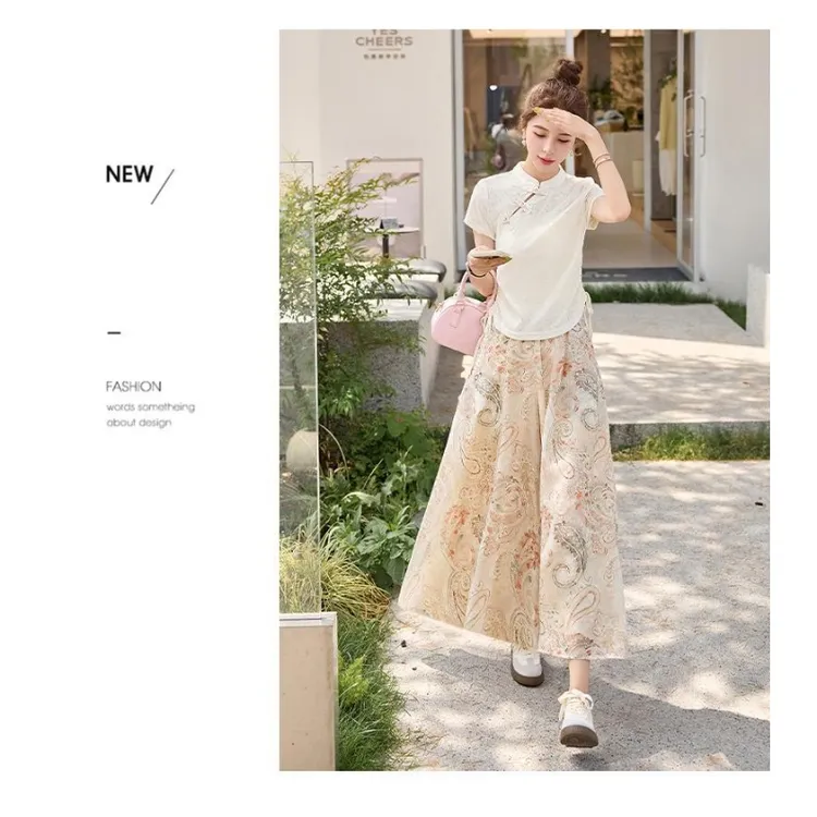 新中式国风复古盘扣套装女2025夏季新款时尚气质印花阔腿裤两件套