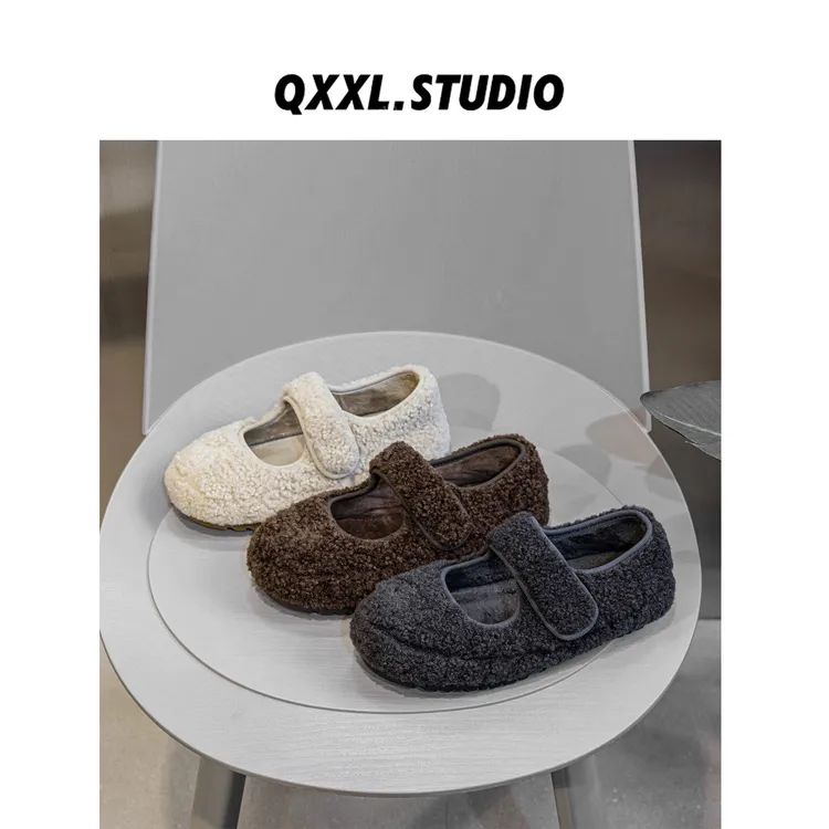 邱小小丽呀 冬季新款平底魔术贴毛毛鞋浅口保暖舒适百搭时尚单鞋