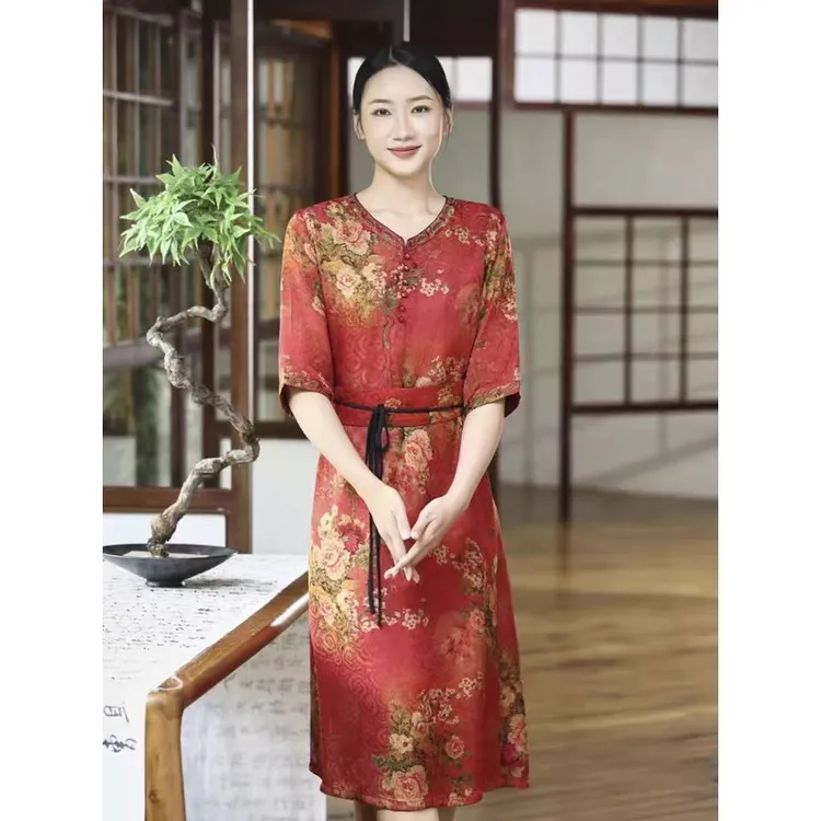 J016复古宽松大码印花连衣裙女夏新款重工刺绣花中式流行改良裙子