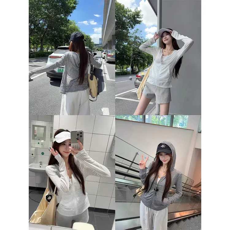 CKKOR夏季薄款拉链连帽防晒罩衫女时尚设计感条纹休闲长袖上衣服