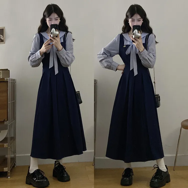 大码胖mm女装秋季新款韩版学院风长裙蝴蝶结假两件衬衫连衣裙女