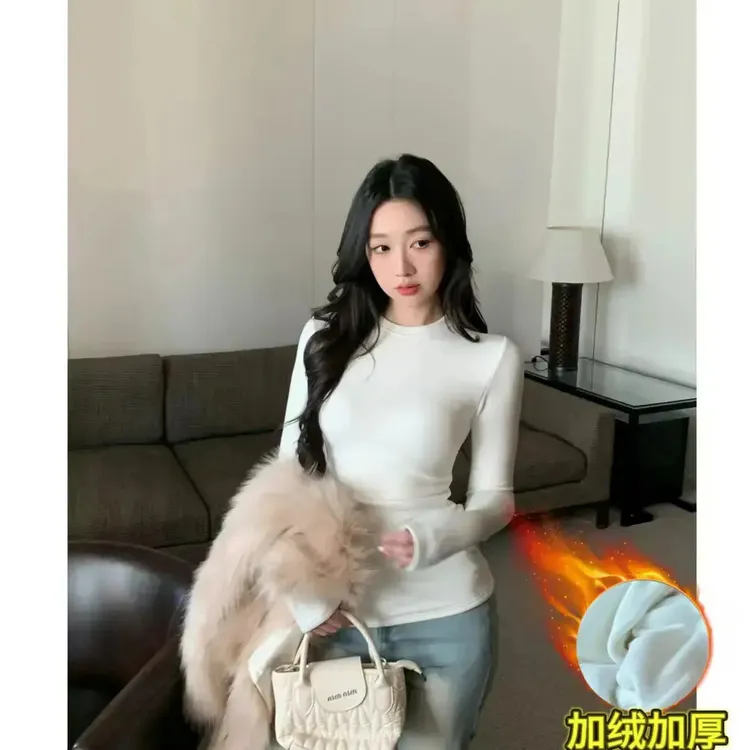 印像家【摇粒绒】冬保暖打底衫女睡衣2025年正肩圆领收腰长袖加厚