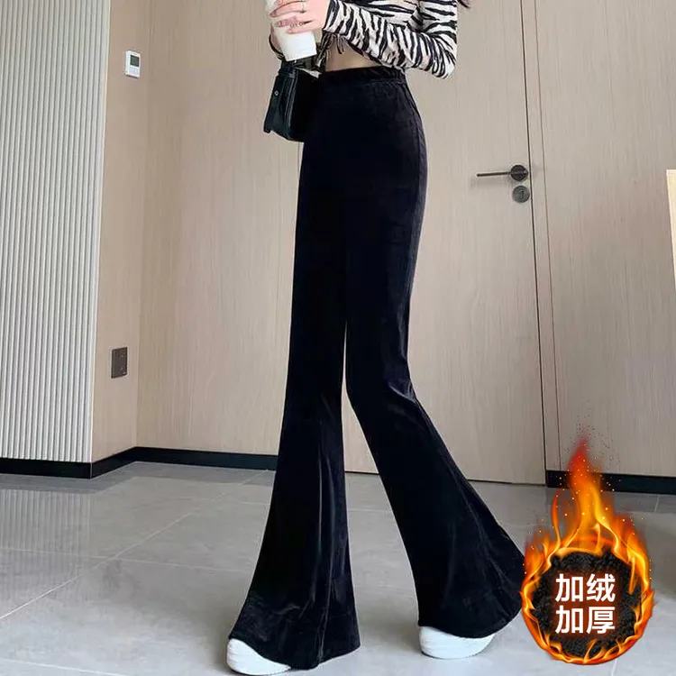 黑色金丝绒微喇裤女秋冬新款韩版时尚休闲长裤高腰显瘦微喇叭裤子