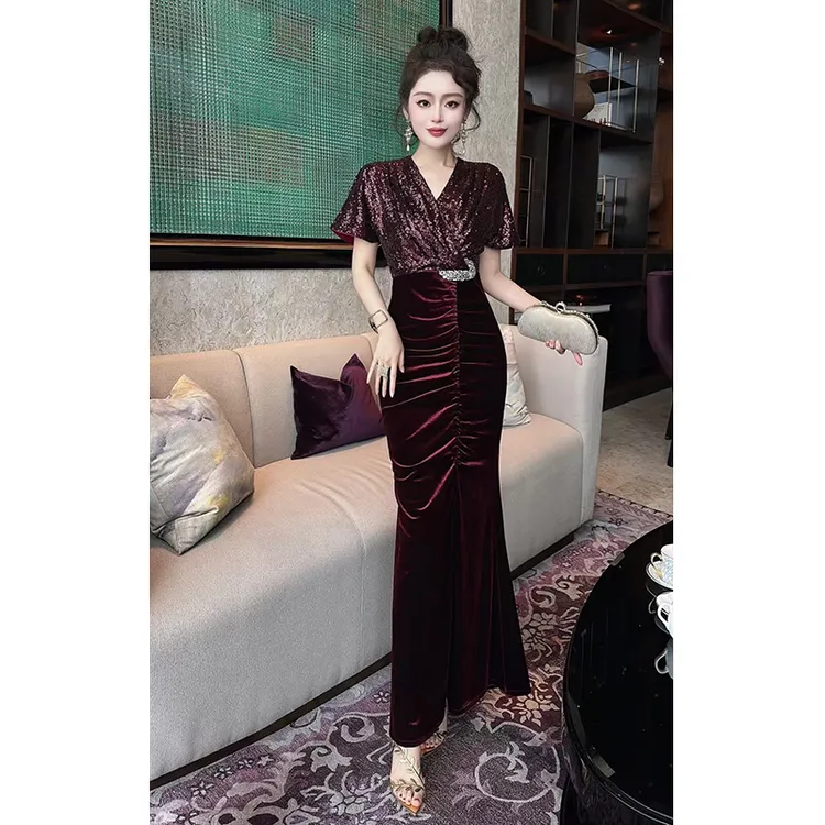 2025春奢华高贵气质优雅亮片高腰拼接丝绒包臀宴会礼服长连衣裙