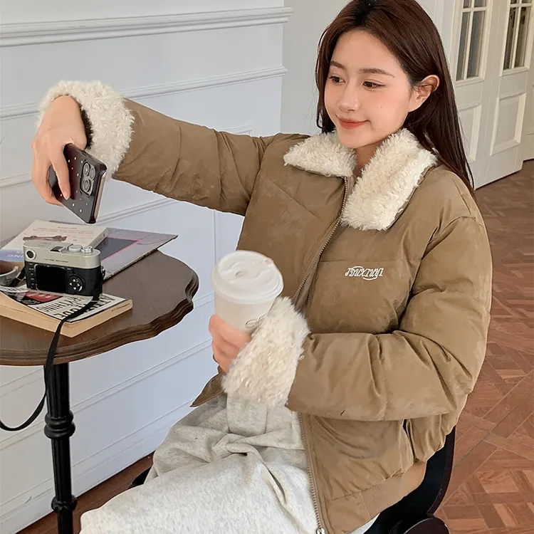 珠光金丝皮翻领短款女长袖棉服棉衣韩版保暖加厚冬季外套宽松棉袄