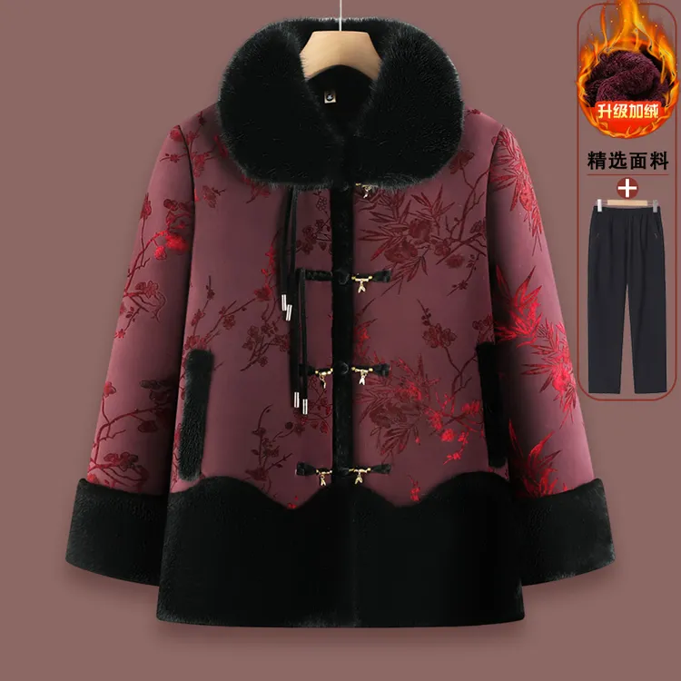 奶奶冬季外套老年人一体绒棉袄女妈妈冬装加绒加厚棉服老人衣服