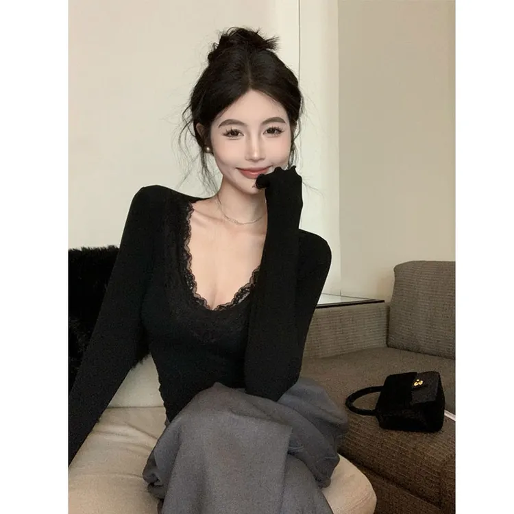 S-4XL大码德绒打底衫保暖T恤蕾丝边纯欲内搭修身显瘦低领百搭上衣