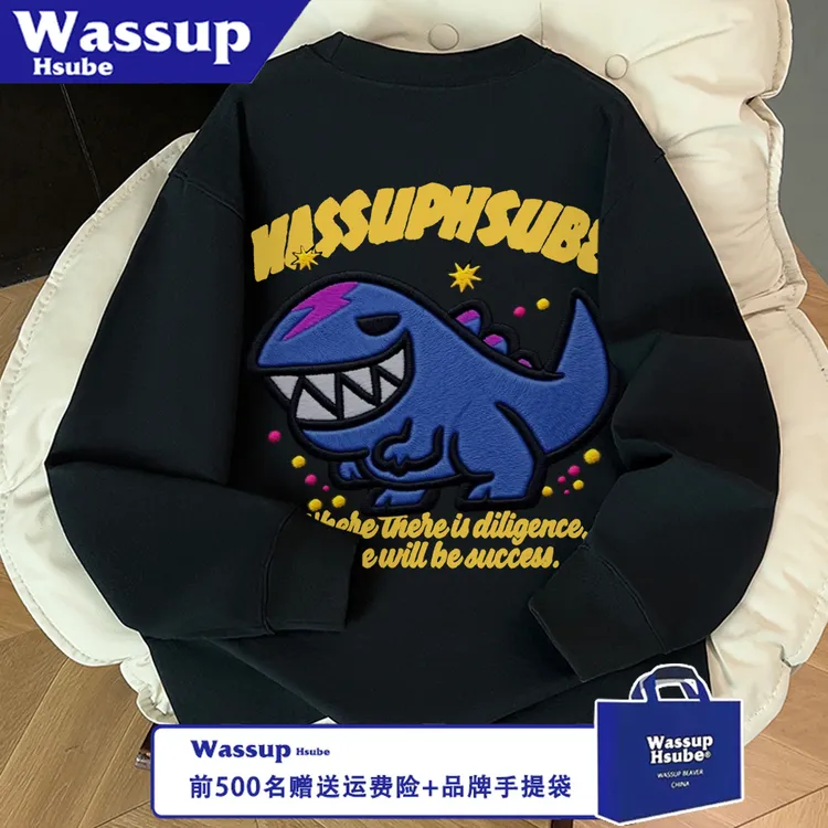 WASSUP HSUBE潮流长袖秋冬卡通恐龙字母美式百搭宽松印花情侣上衣