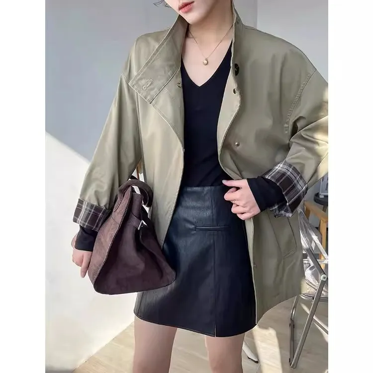 卡其色风衣外套女2025新款春季中长款英伦风格子拼接大衣开衫高级