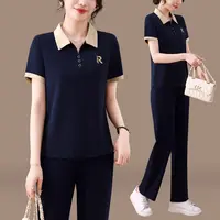 恩狐中年妈妈夏装运动服套装洋气2025新款中老年女翻领短袖两件套