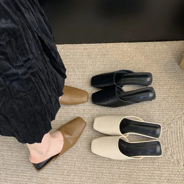意尔康伯韩国东大门包头半拖鞋女外穿一脚蹬懒人方头穆勒鞋低跟晚