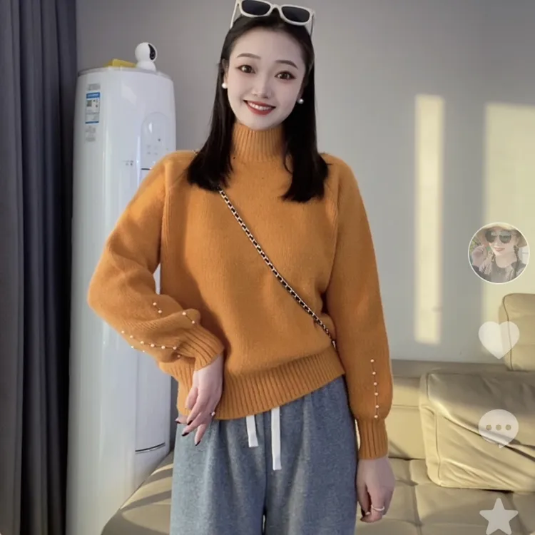 25#不起球秋冬套头高领钉珠长袖纯色毛衣针织衫