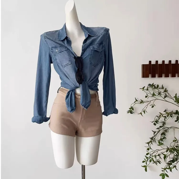 蔡蔡家-天丝莱赛尔垂感复古气质牛仔衬衫长袖女休闲早秋上衣66832