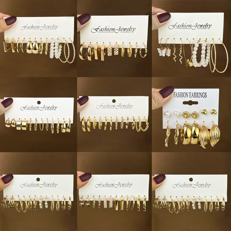 不锈钢仿珍珠耳饰 跨境热销复古金色几何女士耳环套装时尚轻奢高