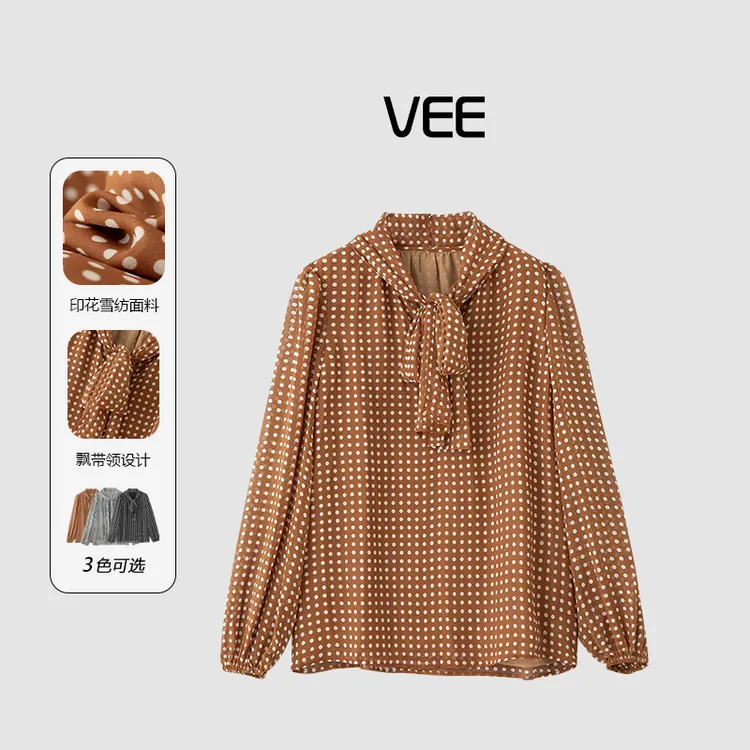 VEE【浪漫舞曲】高级感法式设计感波点印花灯笼袖衬衣通勤飘带领
