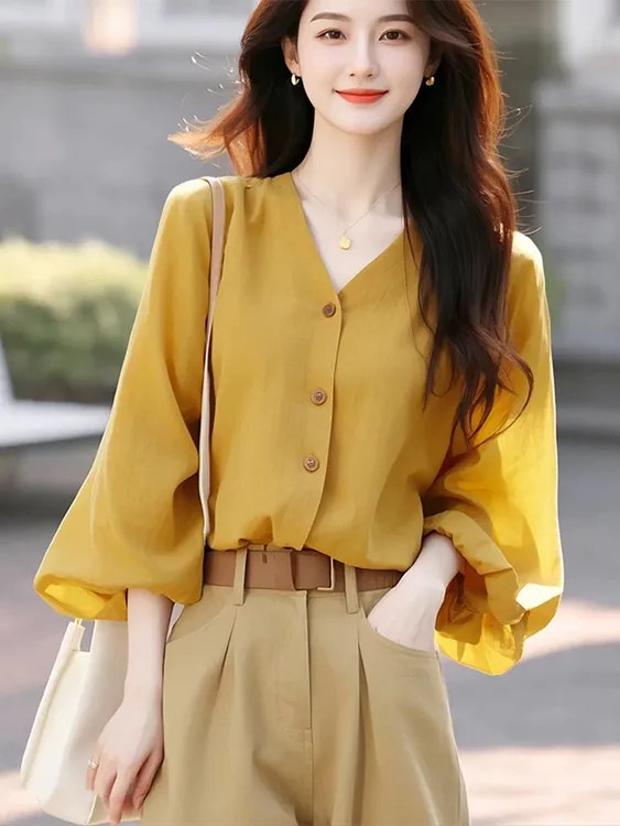 SS754今年流行独特漂亮小衫高级感轻奢减龄洋气超好看芥末黄衬衫