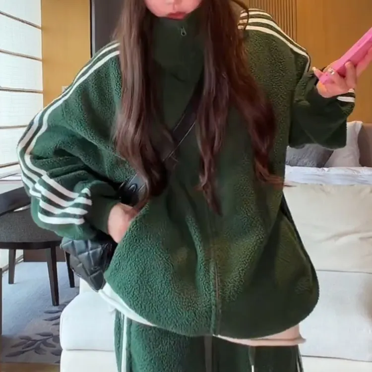 韩系立领条纹摇粒绒短外套女秋冬设计感小众超好看独特漂亮上衣