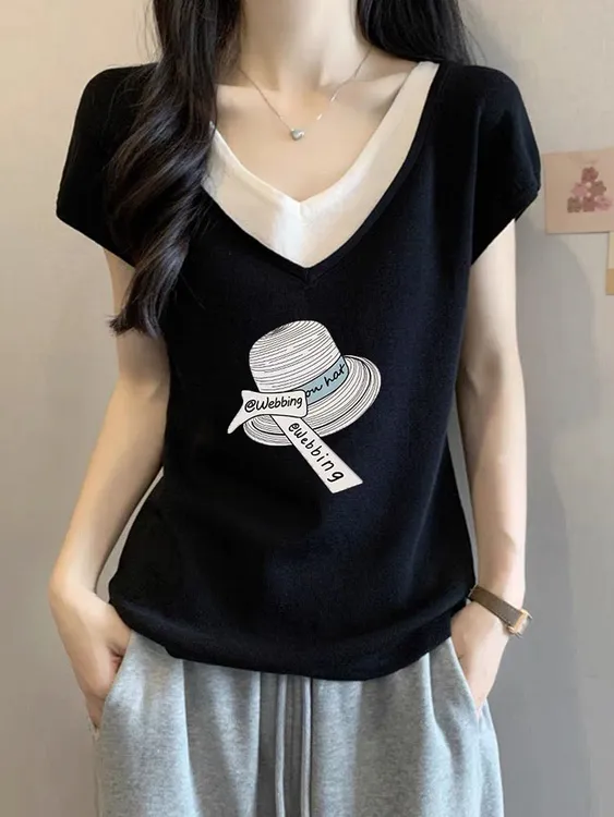显瘦v领宽松棉上衣假两件大码黑色正肩短袖T恤女夏季胖mm遮肚