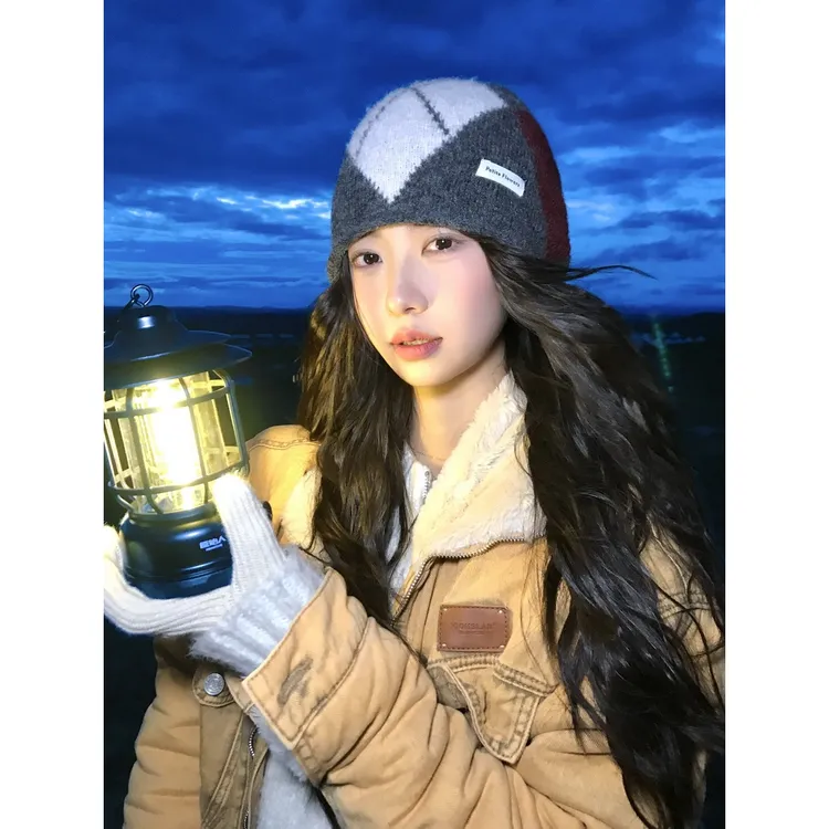 日系菱形拼色格子针织毛线帽女堆堆冷帽显脸小包头帽