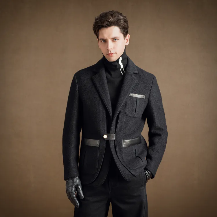 言吉潮流男装时尚拼皮外套新款上衣百搭保暖羊毛休闲西装YJ57152